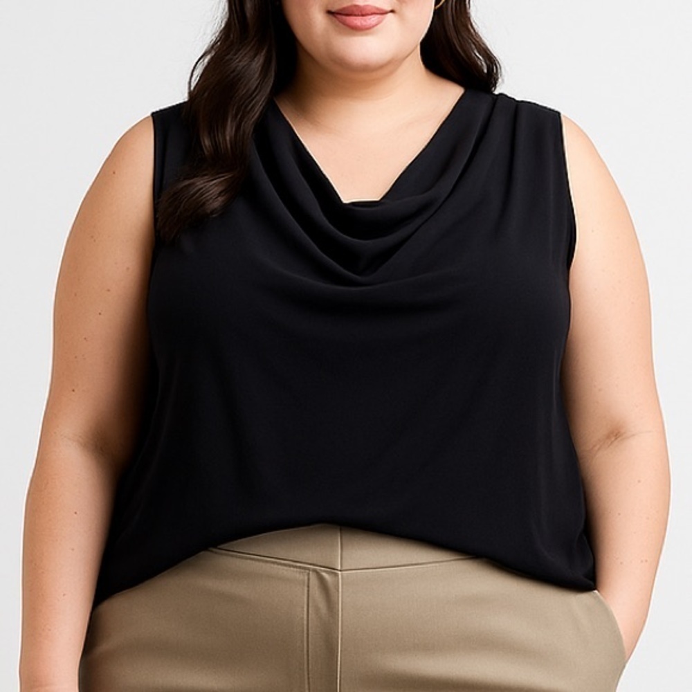 Sejour Plus Size Sleveless Mixed Fabric Draped Neckline Black Top Sz 3X